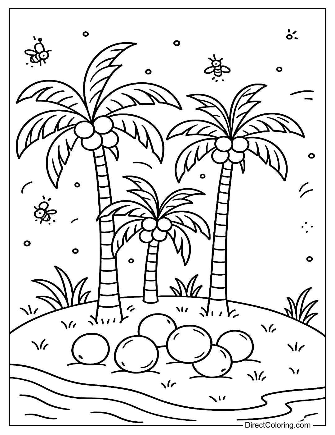 Coloring page of a coconut garden glowing under the moon, with fireflies flying around.